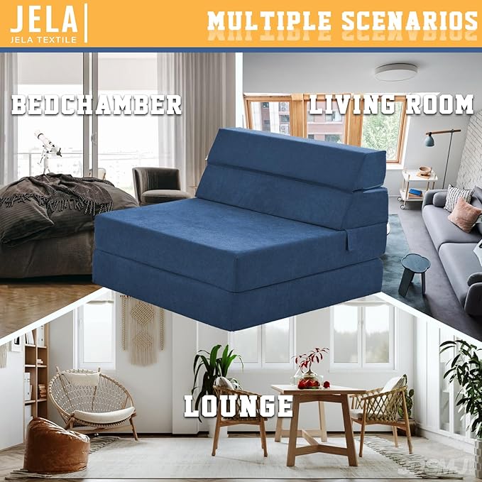jela Foldable Sofa Bed Soft Foam Convertible Sleeper Chair Luxury Miss Fabric Fold Out Chair Bed Floor Couch with Back Support Floor Sofa for Living Room Bedroom (83"x33",Navy)-Ruum Studio Home