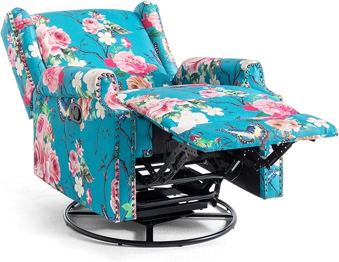 UIXE Swivel Rocker Manual Recliner Chair, Wingback Swivel Glider Fabric Nursery Reclining Sofa Chair, High Back Upholstered Arm Chair for Living Room Bedroom - Peacock Blue-Ruum Studio Home