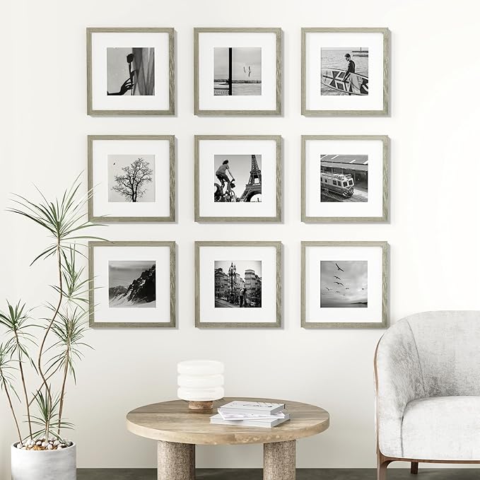 Vittanly 12x12 Picture Frames Set of 9, Shatter Resistant Plexiglass, Display 8x8 Pictures with Mat or 12x12 without Mat, Photo Frames for Wall Mount, Engineered Wood, Driftwood-Ruum Studio Home