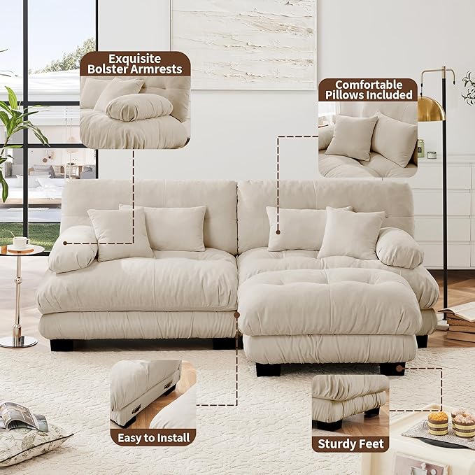 Modular Sectional Sofa, L Shaped Couch with Ottoman, 2 Seater Cloud Couch Small Couches for Small Spaces, Modern Deep Seat Sofa Living Room Oversized Loveseat W/Bolster Armrests 4 Pillows-Ruum Studio Home
