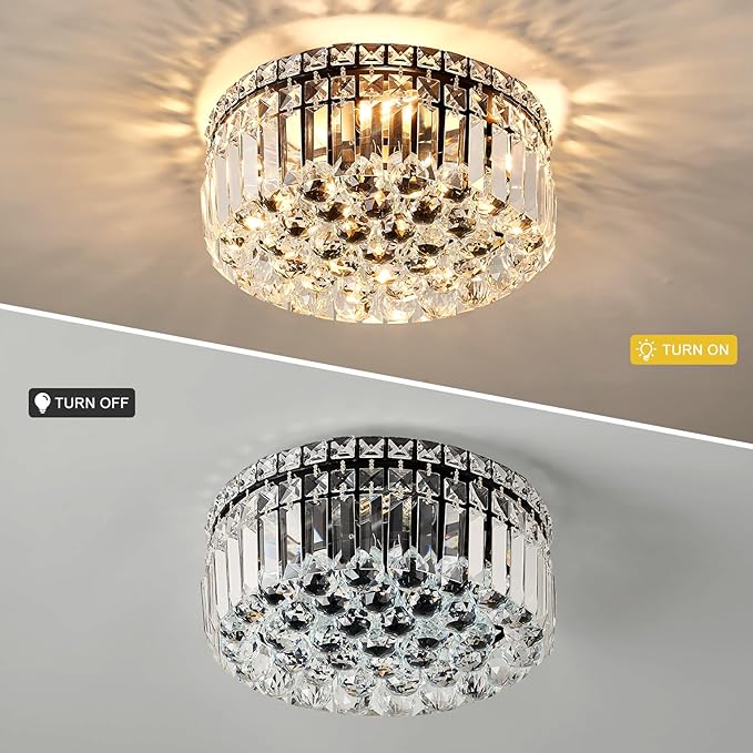 4-Light Black Crystal Chandeliers Flush Mount Chandelier Light Fixture with K9 Crystals Modern Ceiling Lights Elegant Round Lamp for Bedroom,Hallway,Bar,Living Room,Dining Room,H5.9 xW13.7-Ruum Studio Home