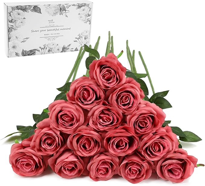 Pink Fake Roses Artificial Flowers - 16 Pcs Fake Artificial Roses Silk Flowers with Stems for Home Wedding Hotel Office Centerpiece Decor（Coral Pink）-Ruum Studio Home