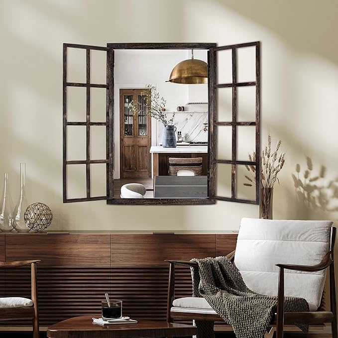 Wall Mirror with Window Design, 38"x26" Rustic Farmhouse Wood Mirror for Wall Decor, Decorative Vintage Mirror for Living Room, Bedroom, Entryway-Ruum Studio Home