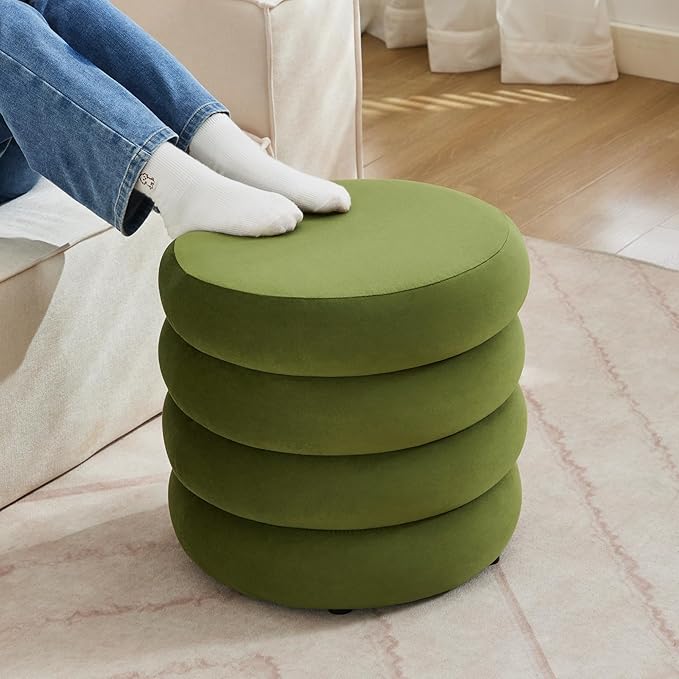 ONEVOG Round Storage Ottoman, 20" Small Ottomans Table with Removable Lid, Velvet Fabric Soft Footrest Stool for Couch, Upholstered Stuffed Circle Seat for Livingroom/Bedroom/Dorm/Vanity, Olive Green-Ruum Studio Home