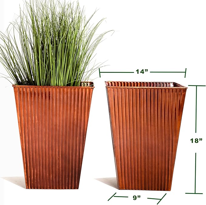 18in Vintage Handmade Metal Vertical Lines Copper Tapered Planters Set of 2, Galvanized Steel Planter Box with Drainage Hole for Indoor/Outdoor/Porch/Garden-Ruum Studio Home