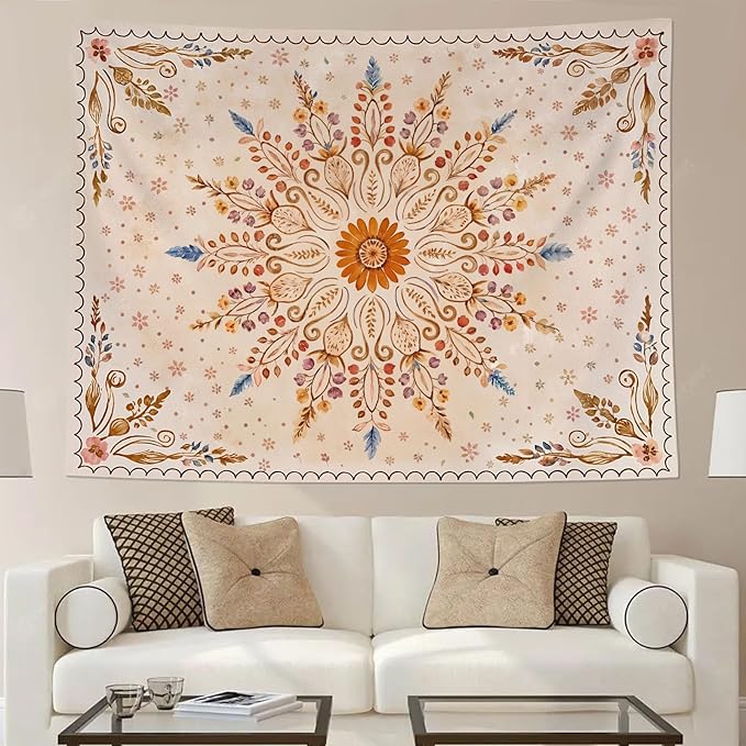 Fowocu Boho Floral Mandala Tapestry for Bedroom Aesthetic Watercolor Bohemian Flower Wall Tapestry Brown Beige Hippie Indian Tapestries Wall Hanging for Living Room Dorm Decor 60 x 44 Inch-Ruum Studio Home