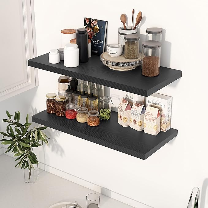 30" Floating Shelves for Wall, 12" Deep Slim Black Floating Shelves, Wall-Mounted Shelves for Bedroom, Living Room, Kitchen, Bathroom - Set of 2-Ruum Studio Home