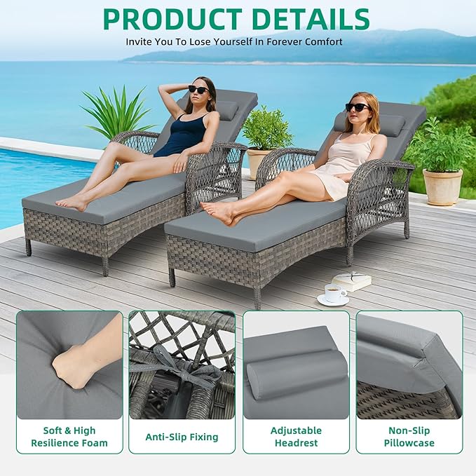 VIVIJASON Outdoor Wicker Chaise Lounge Chair, All-Weather PE Rattan Cushioned Patio Lounger Chair, 6-Position Adjustable Pool Sunbathing Recliner with Armrest & Pillow for Poolside Deck Yard, Gray-Ruum Studio Home