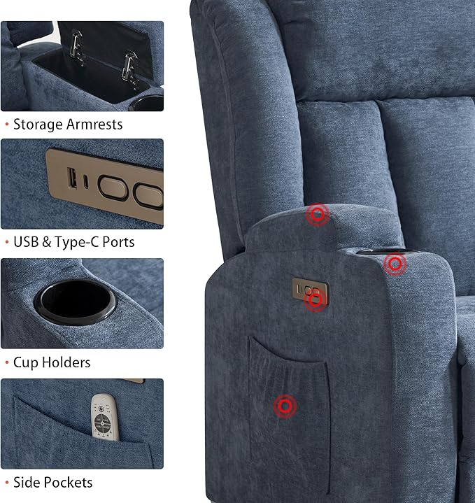 Power Lift Recliner Chair for Elderly with Massage and Heat, Recliner Chairs for Adults, Upgraded Fabric Reclining Sofa Chair with USB & Type-C Ports and Side Pockets, L1188 (Blue)-Ruum Studio Home