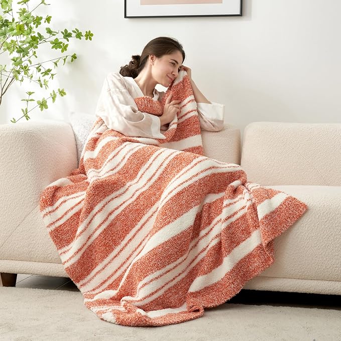 Snuggle Sac Orange Fall Throw Blanket for Couch, Reversible Super Soft Blankets Warm Cozy Knit Fuzzy Plush Blankets for Sofa,Living Room, Stripe Orange,50x60 inches-Ruum Studio Home