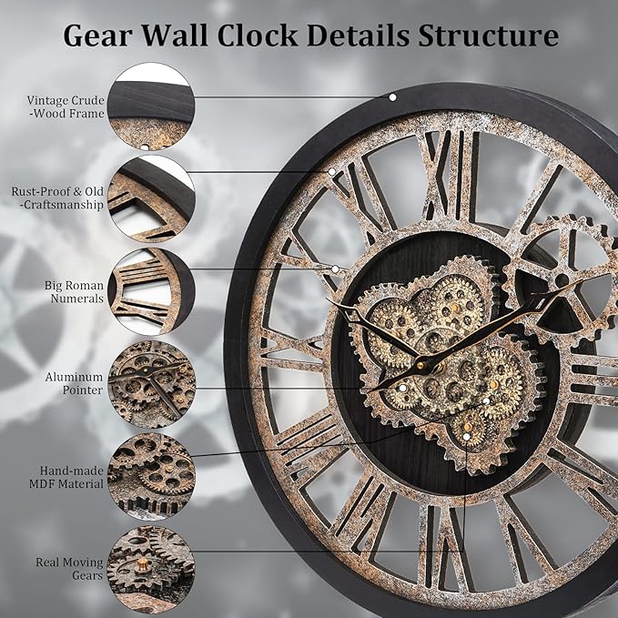 HOIBAI Wall Clock, Large Wall Clocks for Living Room Decor 18 Inch Battery Operated Silent Non-Ticking Modern Farmhouse Vintage Roman Big Wall Clock for Home Bedroom House, Moving Gears Clock-Ruum Studio Home