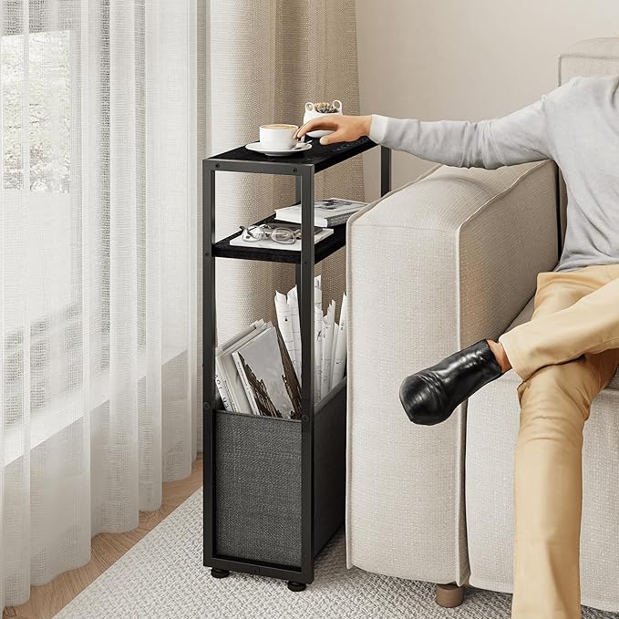 Narrow Side Table, Slim End Tables with Fabric Basket, Skinny Table for Small Spaces, Thin Bedside Table for Living Room, Bedroom (1, Ebony Black + Slate Gray)-Ruum Studio Home