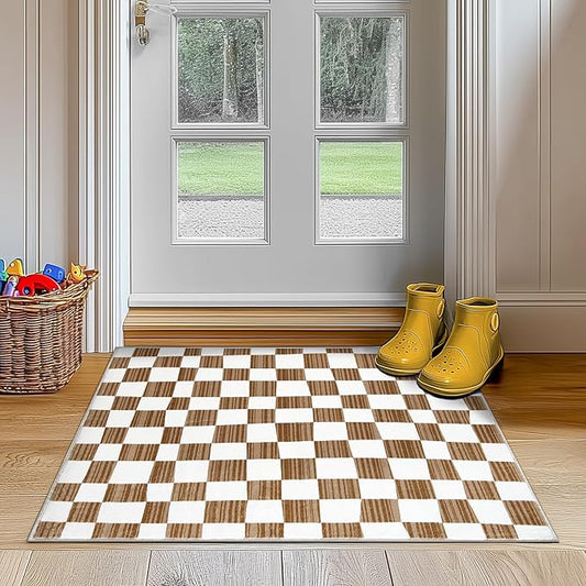 jinchan 2x3 Kids Area Rug Washable Indoor Entryway Doormat Modern Checkered Geometric Lattice Small Rug Non Slip Soft Carpet for Nursery Room Bedroom Bathroom Home Brown-Ruum Studio Home