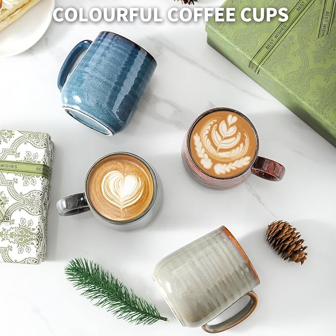 Hasense Coffee Mugs Set of 4, 12 Oz Stoneware Coffee Cups with Large Handle, Colorful Rustic Mug Set for Coffee, Tea, Coco, Latte, Dishwasher and Microwave Safe-Ruum Studio Home