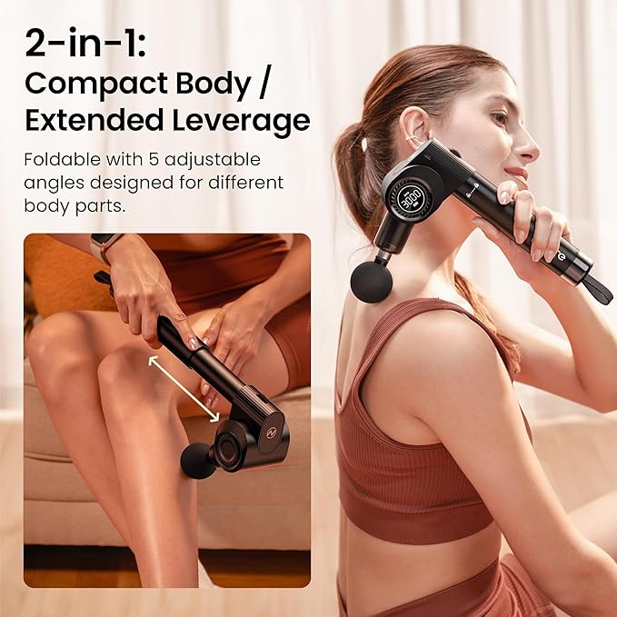 Foldable Massage Gun Deep Tissue with 5 Adjustable Angles,Portable Percussion Back Massager for Muscle/Neck/Body Pain Relief with Long Extension Metal Handle,32-Speeds,with Carry Case-Ruum Studio Home