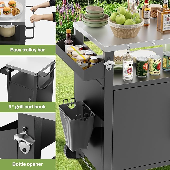 KEIKI Outdoor Grill Cart with Storage and Wheels, Rolling BBQ Prep Table with Spice Rack, Hooks, and Side Handles, Black Metal Bar Cart for Patio Kitchen and Grilling Accessories-Ruum Studio Home
