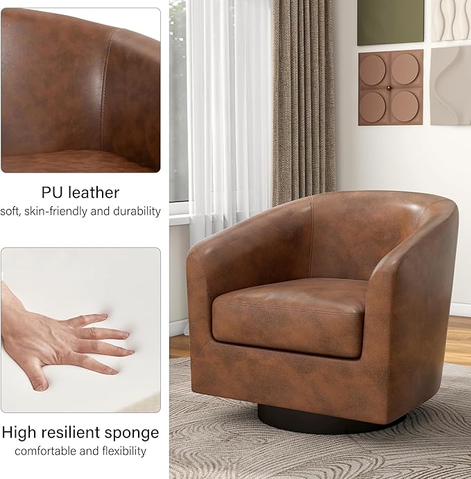Swivel Barrel Accent Chair, Modern Round Faux Leather Arm Chair for Living Room, Bedroom, Comfy Club Reading Chairs for Adults(Faux Leather, Coffee, Set of 1)-Ruum Studio Home