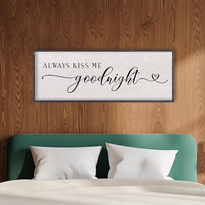 LuZhiQiang Above Bed Love Theme Wall Decor Always Kiss Me Goodnight Sign 40"×15" Wood Framed for Master Bedroom Over Bed Wall Art (Black)-Ruum Studio Home
