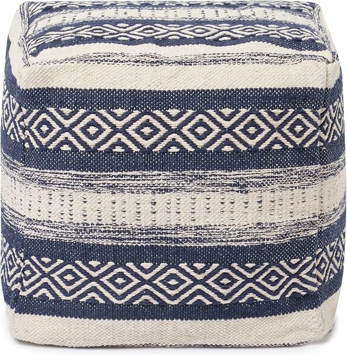 REDEARTH · Tufted Pouf Ottoman with Filler Textured Storage Cube Bean Bag Pouffe Footrest for Living Room, Bedroom, Nursery, Home Decor; 100% Cotton (17.5"X17.5"X17.5", Indigo Impressions)-Ruum Studio Home