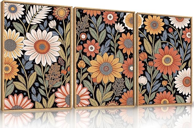 LHIUEM Large Abstract Boho Flower Framed Canvas Wall Art Set,Vintage Colorful Floral Wall Decor,Retro Wildfower Plant Painting,Botanical Artwork for Living Room,Bedroom,Dining Room,Office -16"x24"x3-Ruum Studio Home