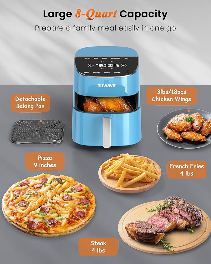 Nuwave Brio Plus Air Fryer 8 Qt, New & Improved, PFAS-FREE, 7 Digital One-Touch Cook Functions that AIR FRY, BAKE, ROAST, DEHYDRATE, TOAST, REHEAT, PREHEAT, 150 Presets, 50°F~400°F (Cozy Blue)-Ruum Studio Home