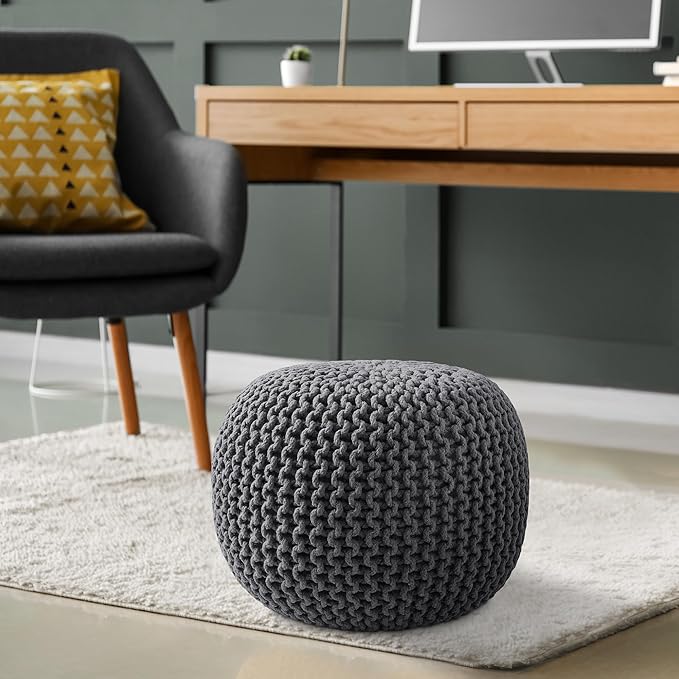 Casafield Round Pouf Ottoman, Dark Gray - 20" Diameter x 14.5" High Cotton Knit Foot Stool - Boho Floor Pouffe for Living Room, Bedroom, Home Office-Ruum Studio Home