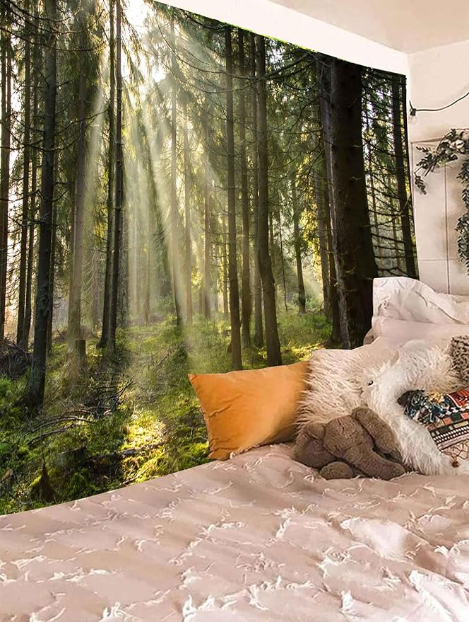 Onivein Forest Tapestry Nature Sunlight Streaming Through Green Trees Wall Hanging for Bedroom Living Room Office Decor 90 x 70 Inches-Ruum Studio Home
