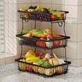 3 Tier Fruit Basket for Kitchen Counter with 2 Banana Hangers, Countertop Metal Fruit Bowl with Wooden Handle, Large Storage Stand for Vegetables, Snacks, Breads, Produce Storage – Black-Ruum Studio Home