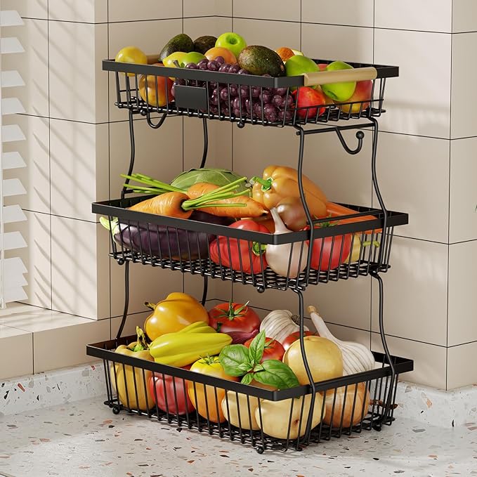 3 Tier Fruit Basket for Kitchen Counter with 2 Banana Hangers, Countertop Metal Fruit Bowl with Wooden Handle, Large Storage Stand for Vegetables, Snacks, Breads, Produce Storage – Black-Ruum Studio Home
