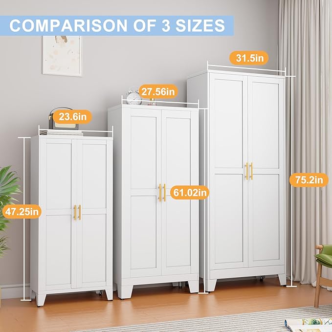 White Metal Storage Cabinet, 48" Steel Cabinets for Home Office, Kitchen Pantry Storage Cabinet with Doors and 3 Adjustable Shelves, for Office, Home, Garage, School-Ruum Studio Home