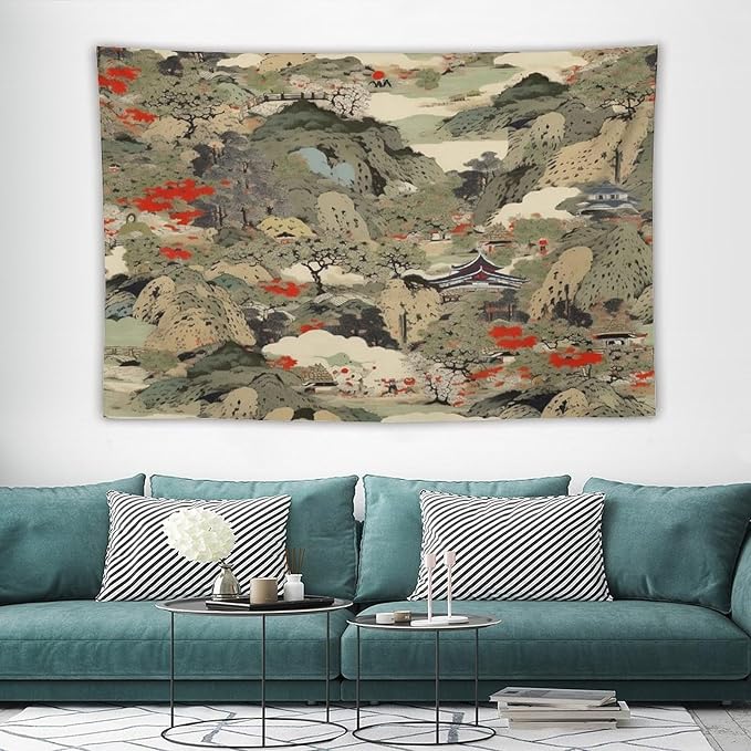 Asian Tapestry,Japanese Red Landscape Asian Watercolor Abstract Art Tapestry, Asian Japanese Wall Tapestry, Nature Landscape Tapestries for Bedroom Living Room Decor 90"x60"-Ruum Studio Home