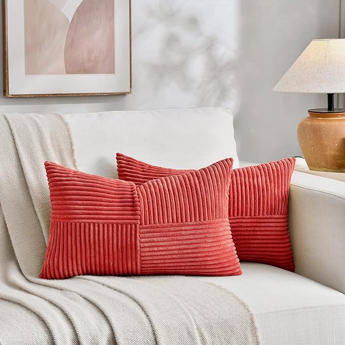 Fancy Homi 2 Packs Red Lumbar Decorative Throw Pillow Covers 12x20 Inch for Living Room Couch Bed Sofa, Holiday Christmas Home Decor Gift, Soft Striped Corduroy Rectangle Accent Cushion Case 30x50 cm-Ruum Studio Home
