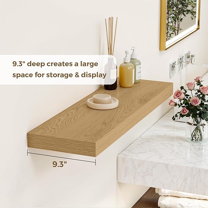 Dreamland 36 Inches Floating Shelves for Wall, 9.3" Deep Long Floating Shelves Set of 2, Large Display & Storage Shelf, Wall Shelf for Bathroom Bedroom Living Room Kitchen Office, Oak-Ruum Studio Home