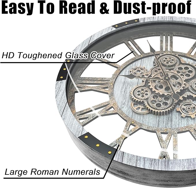 DORBOKER 27" Original Moving Gears Wall Clock, Large Industrial Wall Clock for Living Room Decor, Retro Metal Solid Wood Vintage Farmhouse Steampunk Rustic Clocks for Wall Decor,Silver Grey-Ruum Studio Home
