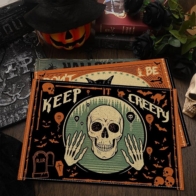 Umigy 6 Pcs Halloween Placemats 12"x18" Gothic Bat Placemats Kitchen Decoration Washable Witch Place Mats Rectangle Skull Table Mats for Halloween Dining Table Accessories(Scary)-Ruum Studio Home
