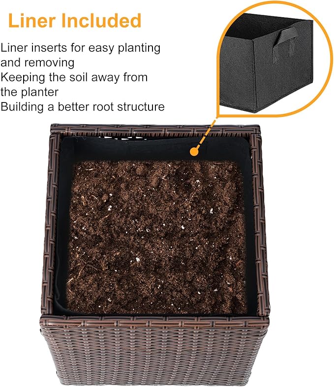 SUNNYPARK Set of 2 Large Square Planter with Removable Liner, All-Weather PE Rattan Modern Planters Indoor Outdoor Flower Plant Pots Garden Box Patio Yard Front Porch Deck-Ruum Studio Home