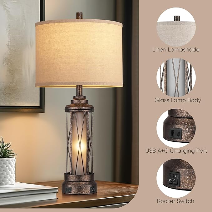 Qimh Farmhouse Table Lamps for Living Room, Rustic Nightstand Lamp for Bedroom with USB A+C Charging Ports, Frosted Glass Bedside Lamp with Night Light for Entryway End Table, 4 Bulbs Included, Bronze-Ruum Studio Home