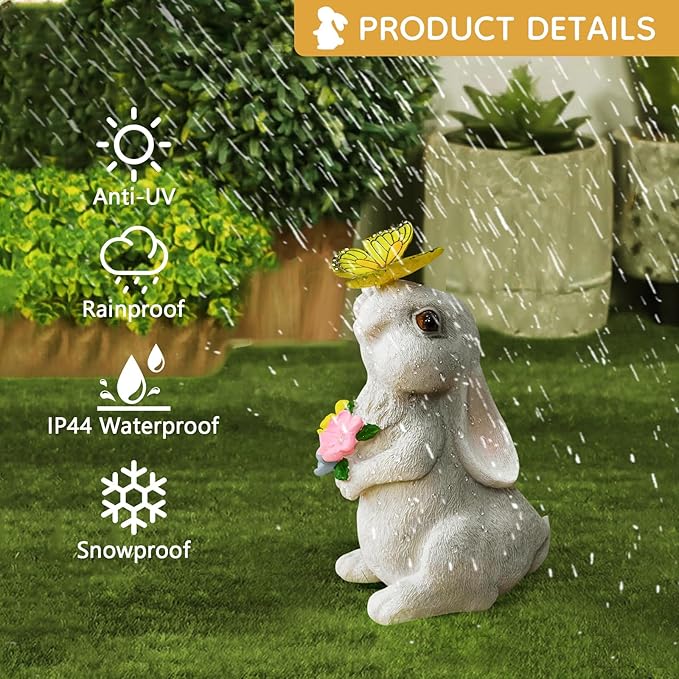Solar Bunny Statues Light with Butterfly LED - Auto On/Off Weathproof Resin Garden Figurine Decor Gift for Pathway, Patio & Mom's Flower Bed (Warm Light)-Ruum Studio Home