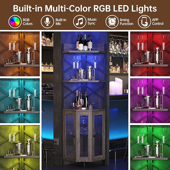 Corner Bar Cabinet with Power Outlet, 5-Tier Corner Wine Cabinet with Led Strip and Glass Holder, Industrial Tall Liquor Cabinet Bar Wine Rack for Home, Grey Oak-Ruum Studio Home