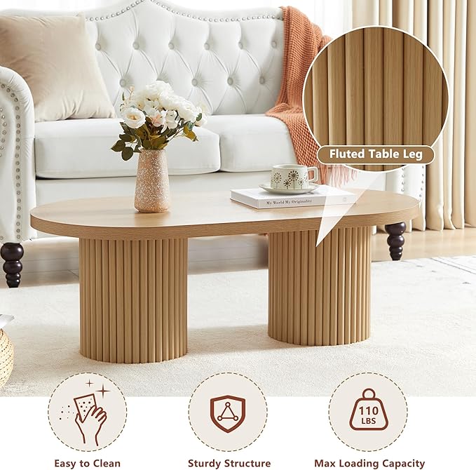 Oval Fluted Coffee Table, Farmhouse Wood Coffee Table Mid Century Modern Center Table Boho Living Room Tables for Living Room Office (Natural, 19.69" D x 39.38" W x 13.78" H)-Ruum Studio Home