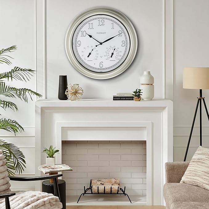CLXEAST 18 Inch Illuminated Outdoor Indoor Atomic Analog Wall Clock with Temperature & Humidity Combo, Lighted Outdoor Clocks for Patio Large Waterproof with Thermometer, Modern Morning Silver/Gold-Ruum Studio Home