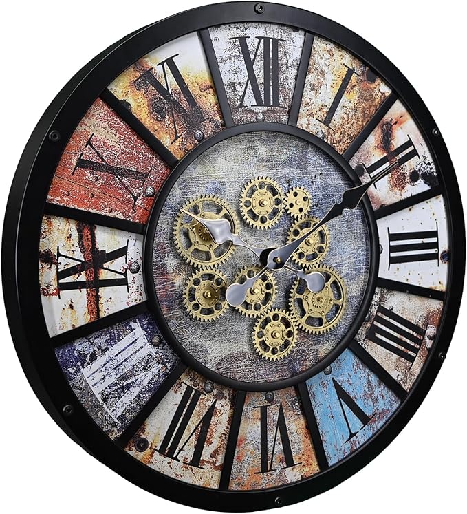 Unique Moving Gear Extra Large Wall Clock 21"-Battery Powered. Retro Industrial Steampunk Country Farmhouse Decor for Living Room, Kitchen,Bars, Restaurants, cafes, Offices(Black- 21")-Ruum Studio Home