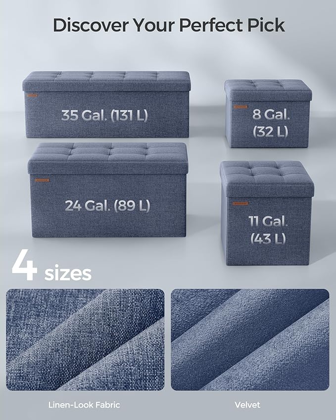 SONGMICS MAZIE Collection - 43 Inches Folding Storage Ottoman Bench, Ottoman Foot Rest, End of Bed Bench, Storage Chest, Load 660 lb, for Living Room, Bedroom, Entryway, Misty Blue ULSF077Q01-Ruum Studio Home