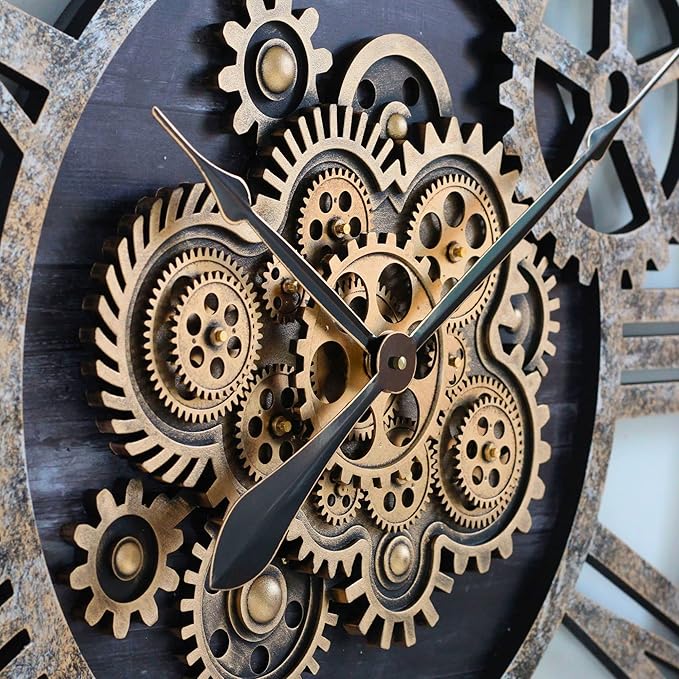 The Gears Clock 36'' Inch Real Moving Gear Wall Clock Vintage Industrial Oversized Rustic Farmhouse (Vintage Black Wood and Bronze)-Ruum Studio Home