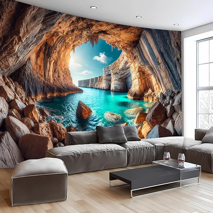 BSFHH Nature Tapestry Forest Tree Sea Cave Wall Hanging, Stream Through Rainforest Landscape Wall Art Tapestry for Bedroom Living room (Cave Sea View, 90"×70", Unframed)-Ruum Studio Home