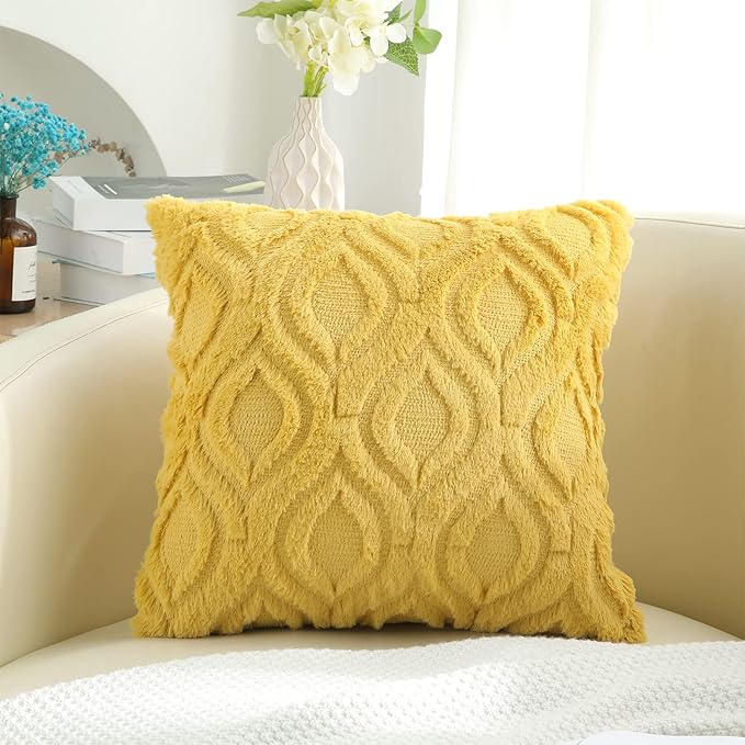 decorUhome Throw Pillow Covers 22x22 Inch Set of 2, Soft Plush Decorative Faux Fur Mustard Yellow Solid Couch Pillow Covers, Accent Farmhouse Neutral Square Euro Pillow Cases for Sofa Bed Living Room-Ruum Studio Home