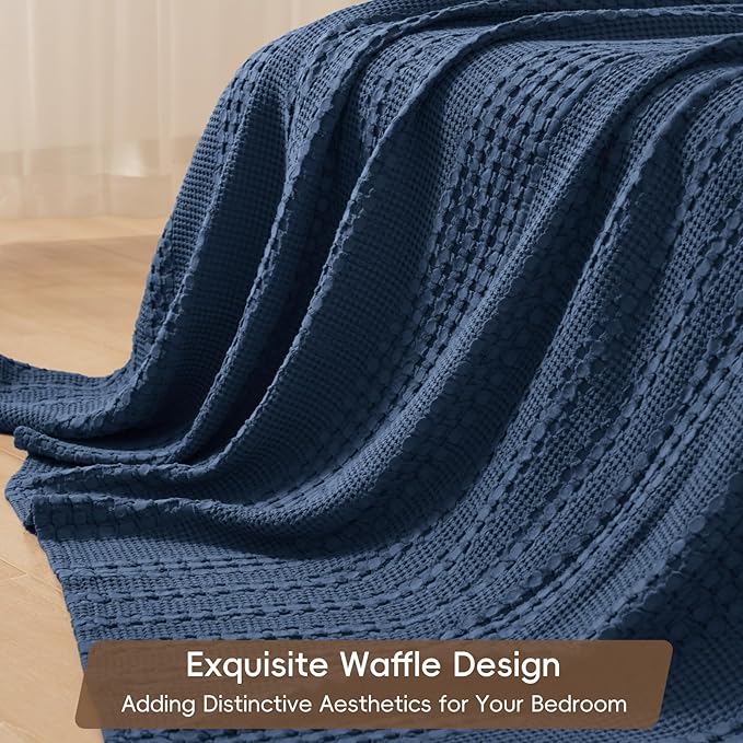 PHF 100% Cotton Waffle Weave Blanket King Size, Soft Lightweight Breathable Cozy Summer Blankets for Bed, Luxury Aesthetic Woven Bedding for Home Decor, 108"x90", Bright Navy Blue-Ruum Studio Home