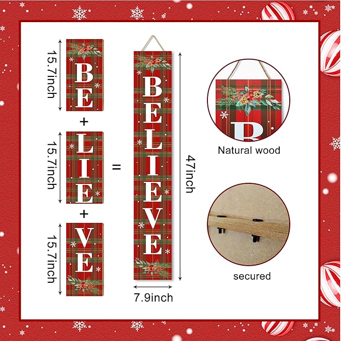 Winter Believe Porch Board Welcome Sign for Front Buffalo Plaid Door Porch Deck Patio or Wall - Indoor Outdoor Decorative Farmhouse Rustic Vertical Porch and Yard Decor - 47.2"H-Ruum Studio Home