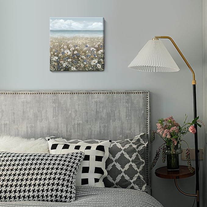 Canvas Wall Art Beach Floral Wall Picture Coastal Boho Farmhouse Daisy Flowers Nautical Sea Ocean Wildflowers Canvas Print Vintage Artwork for Small Rustic Bathroom Bedroom Living Room Office Décor-Ruum Studio Home