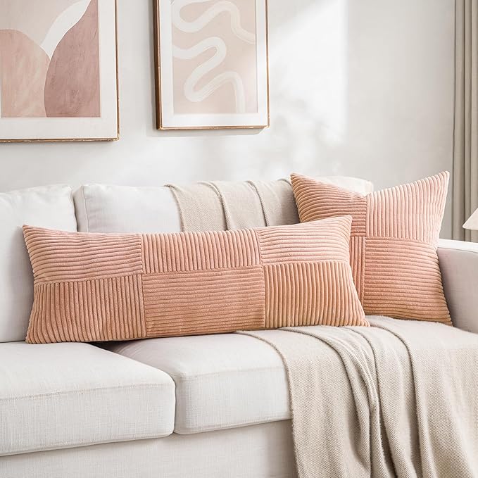 Fancy Homi 2 Packs Peach Lumbar Decorative Throw Pillow Covers 12x20 Inch for Living Room Couch Bed Sofa, Rustic Farmhouse Boho Home Decor, Soft Striped Corduroy Rectangle Accent Cushion Case 30x50 cm-Ruum Studio Home